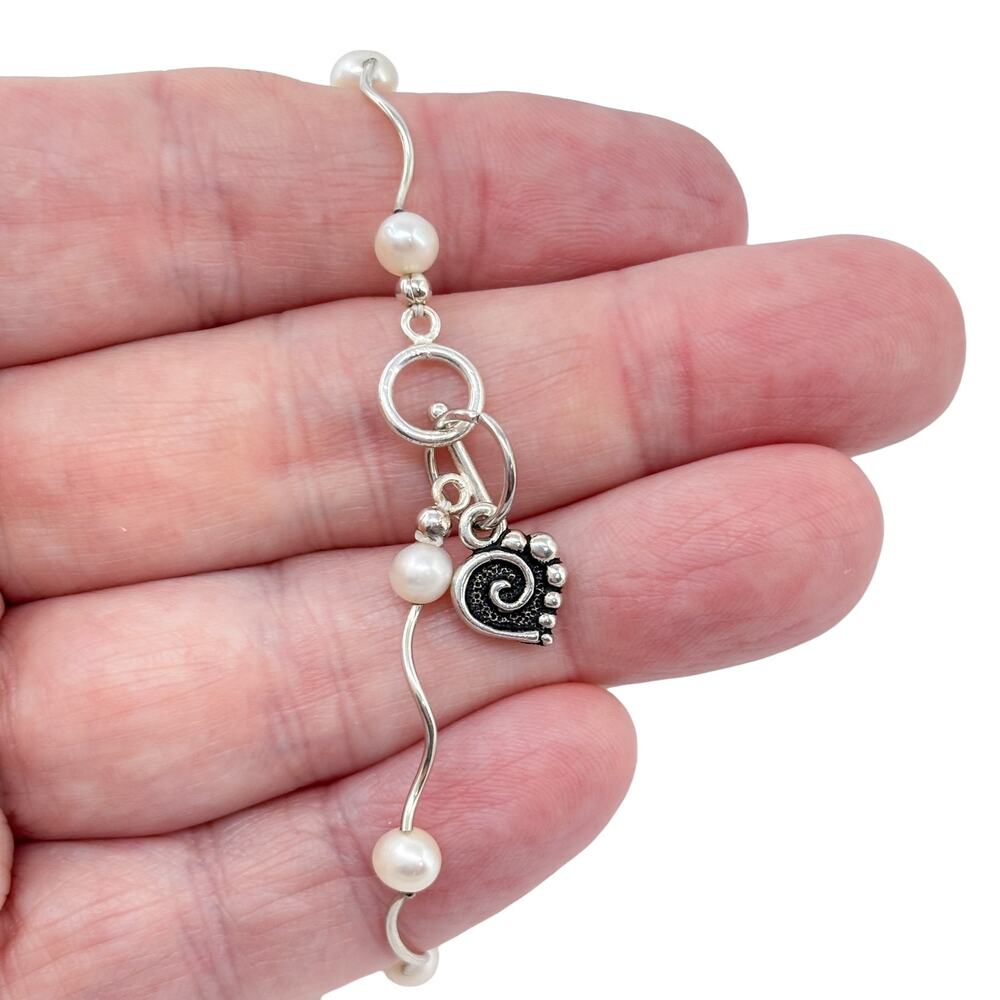 Vintage Sterling Silver 925 Pearl Heart Charm Bracelet 7"